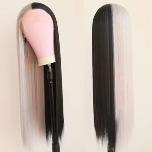 24” GREY  &BLACK SPLIT DYE STRAIGHT LACEFRONT WIG *NEW*